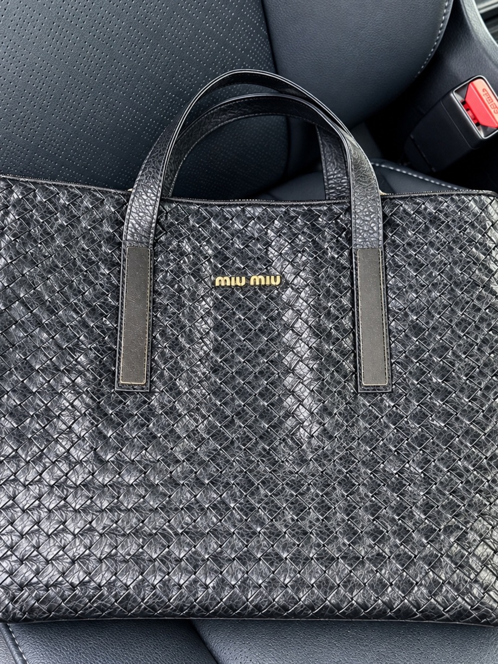 Miu Miu Black Woven Leather Tote with Gold Logo
